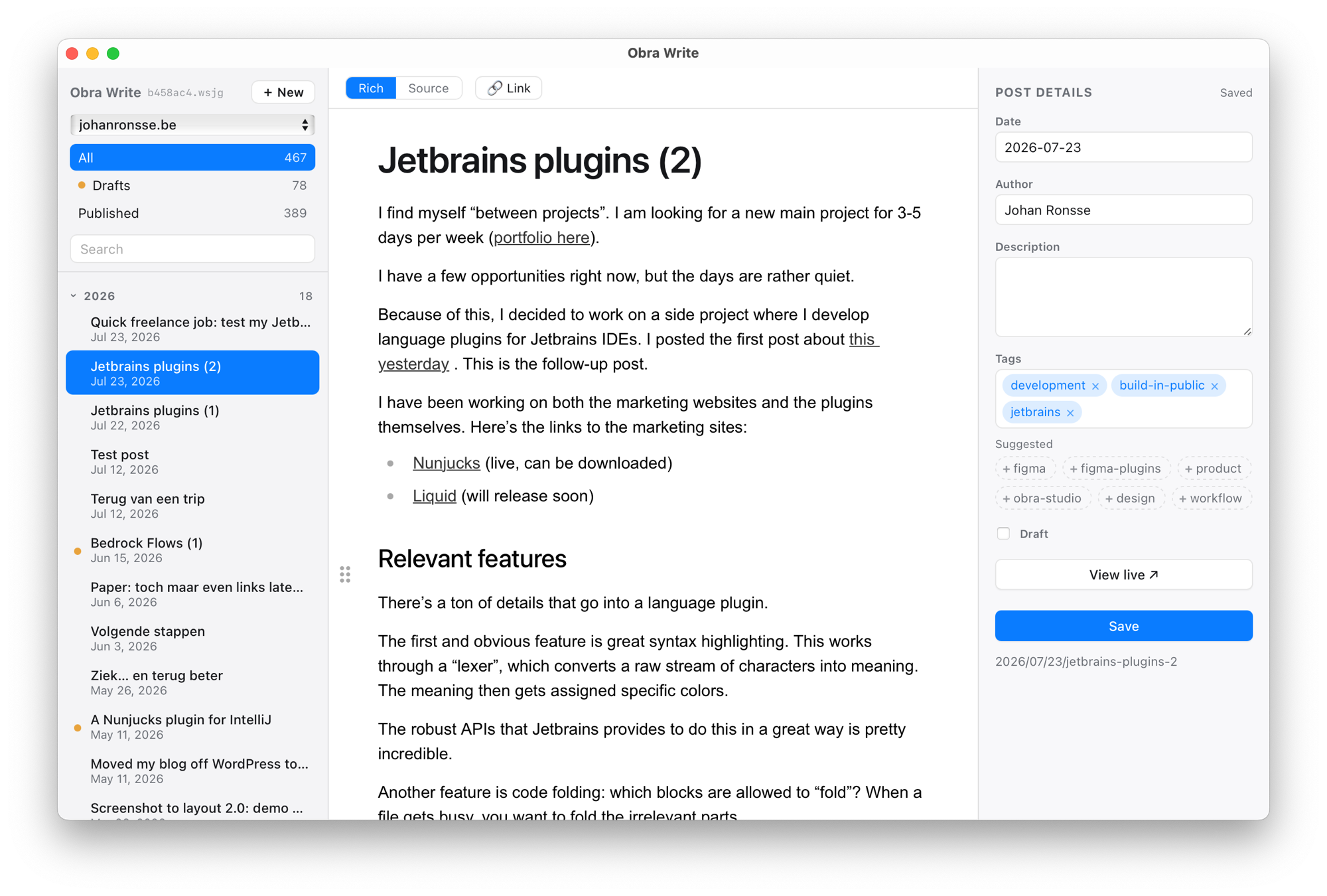 Obra Write editing a blog post: the post list on the left, a clean rich-text Markdown editor in the middle, and a post-details panel with date, author, tags and publish controls on the right.